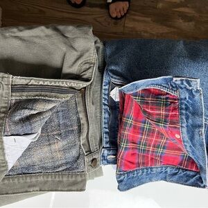 Men's Blue Denim Jeans (LL Bean), and Olive (Carhartt)